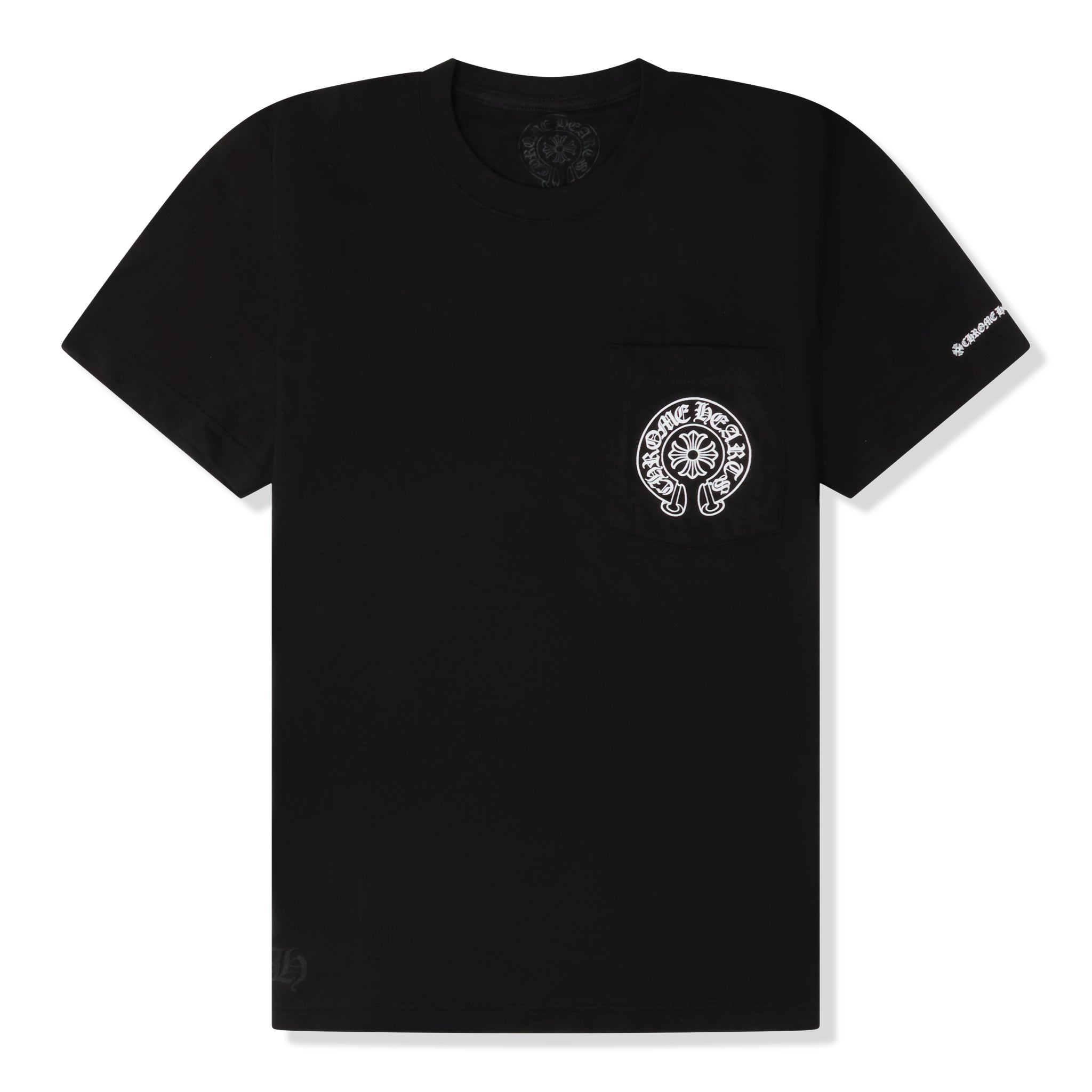 Front view of Chrome Hearts Horse Shoe Pocket Logo Black T Shirt